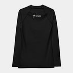Women’s BJJ KATAKANA Long-Sleeve Rash Guard in Iron Black, back view with off-white SPARS upper-back logo