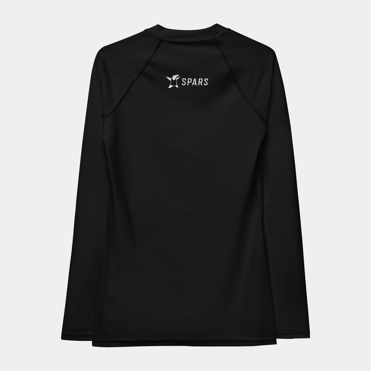 Women’s BJJ KATAKANA Long-Sleeve Rash Guard in Iron Black, back view with off-white SPARS upper-back logo