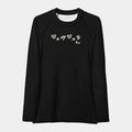 Women’s BJJ KATAKANA Long-Sleeve Rash Guard in Iron Black, front view with off-white Japanese katakana and BJJ chest print
