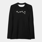 Women’s BJJ KATAKANA Long-Sleeve Rash Guard in Iron Black, front view with off-white Japanese katakana and BJJ chest print