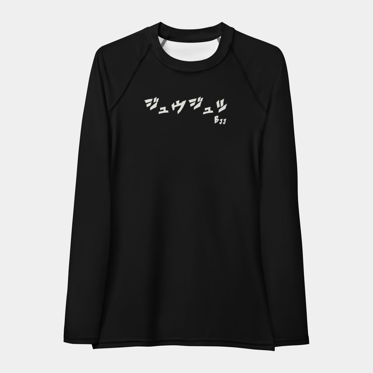 Women’s BJJ KATAKANA Long-Sleeve Rash Guard in Iron Black, front view with off-white Japanese katakana and BJJ chest print