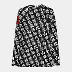 Back of the women's TOO MUCH KANJI long-sleeve BJJ rash guard in Iron Black and White, with the all-over white kanji print