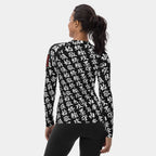 Back view of the women's TOO MUCH KANJI long-sleeve BJJ rash guard in Iron Black and White, showing the all-over white kanji print