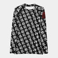 Front of the women's TOO MUCH KANJI long-sleeve BJJ rash guard in Iron Black and White, with the red SPARS seal on the left sleeve