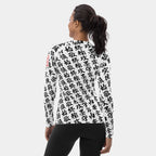 Back view of the women's TOO MUCH KANJI long-sleeve BJJ rash guard in White and Black on a model