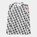 Front of the women's TOO MUCH KANJI long-sleeve BJJ rash guard in White and Black, with the red SPARS seal on the left sleeve