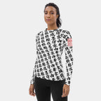 Woman wearing the SPARS men's TOO MUCH KANJI long-sleeve BJJ rash guard in White and Black, with white kanji and a red seal on the left sleeve