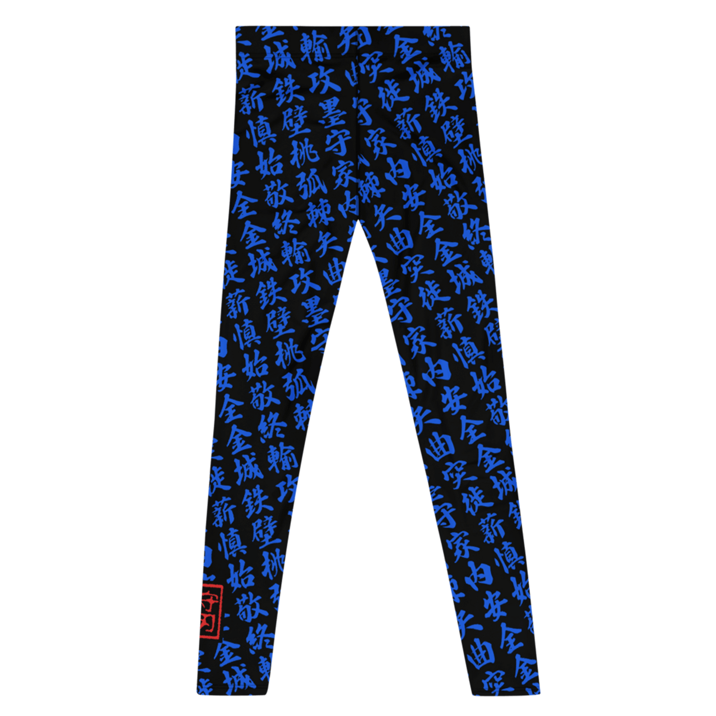 Men blue leggings with all-over print in Japanese KANJI