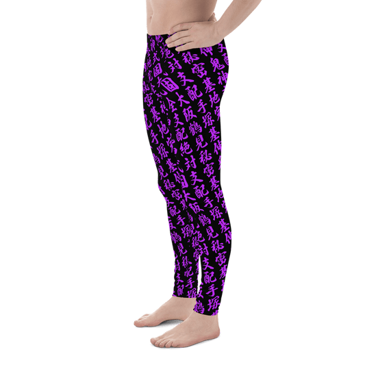 Men purple leggings with all-over print in Japanese KANJI