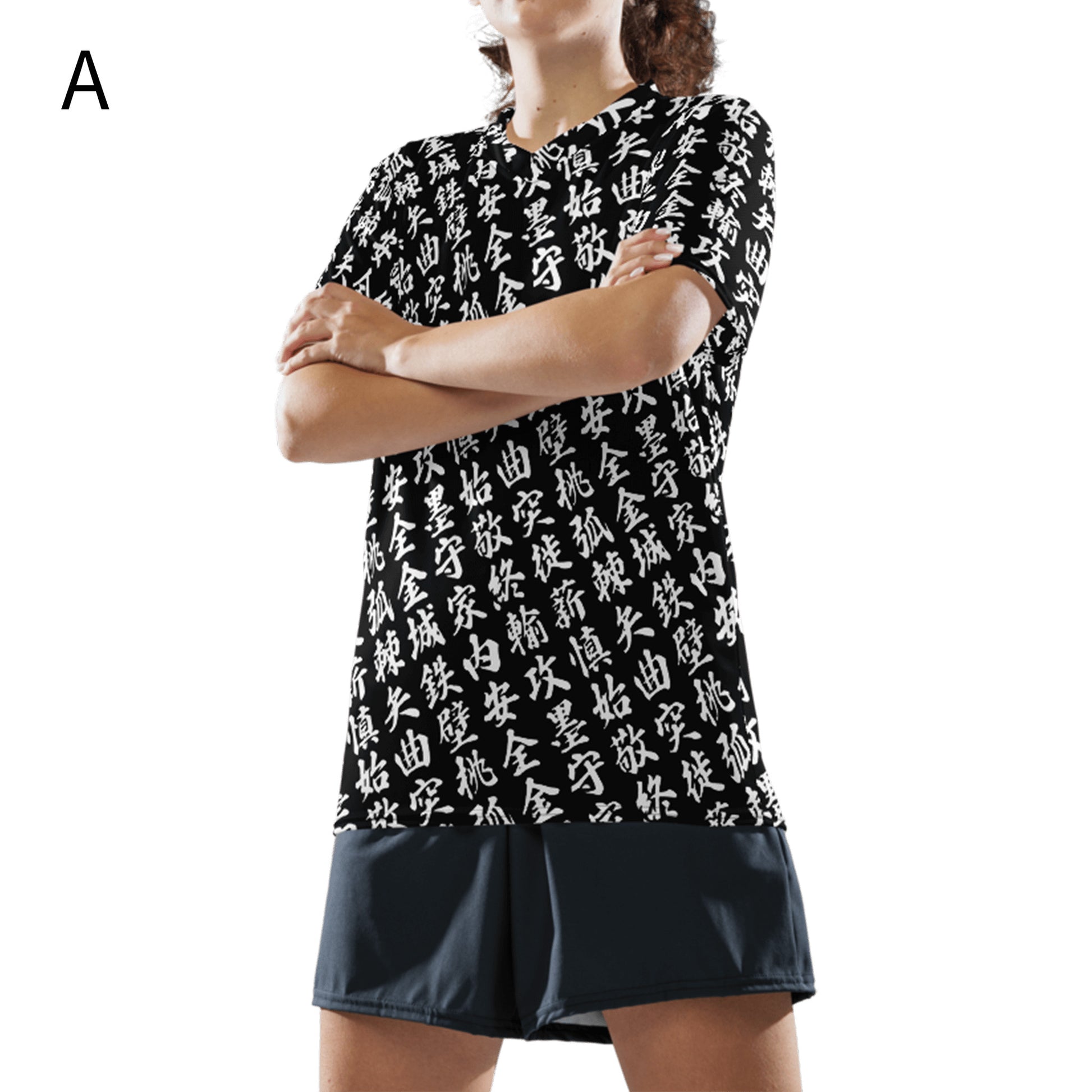Unisex black Sports Jersey with all-over print in Japanese KANJI- woman model A-1